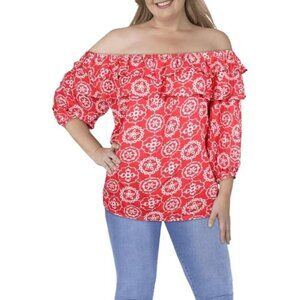 Vince Camuto Women’s Red Ruffled Printed Off-The-Shoulder Top White Berry NEW XS